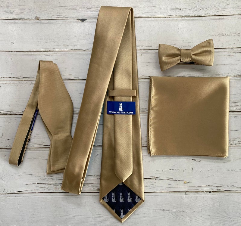 KissTies Mens Tan Ties Dark Sand Solid Satin Tie Necktie + Gift Box - Image 3
